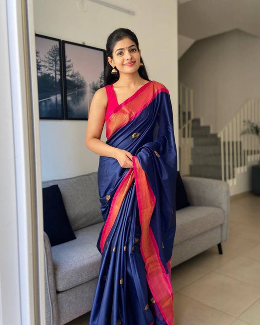 Navy Blue With Pink Broder & Blouse Weaved With Golden Zari Banarasi Beautiful Zari Work In Form Of Traditional Motifs Soft Silk Saree
