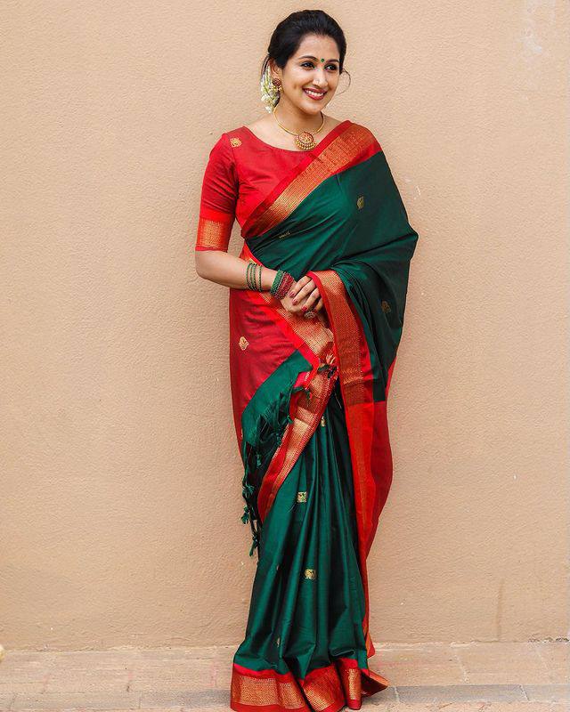 Rama With Gajari Broder & Blouse Weaved With Golden Zari Banarasi Beautiful Zari Work In Form Of Traditional Motifs Soft Silk Saree