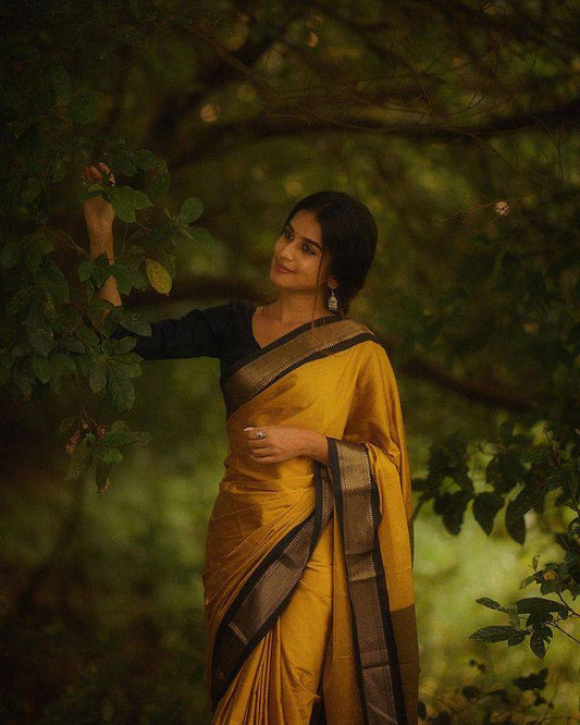 Mustard Yellow With Black Broder & Blouse Weaved With Golden Zari Banarasi Beautiful Zari Work In Form Of Traditional Motifs Soft Silk Saree