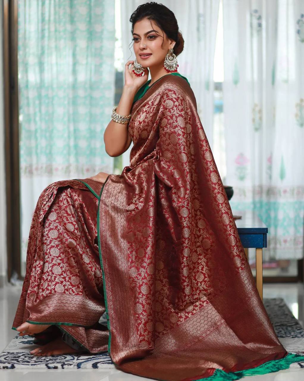 Maroon With Green Blouse Copper Zari Weaving Banarasi Beautiful Zari Work In Form Of Traditional Motifs Soft Silk Saree