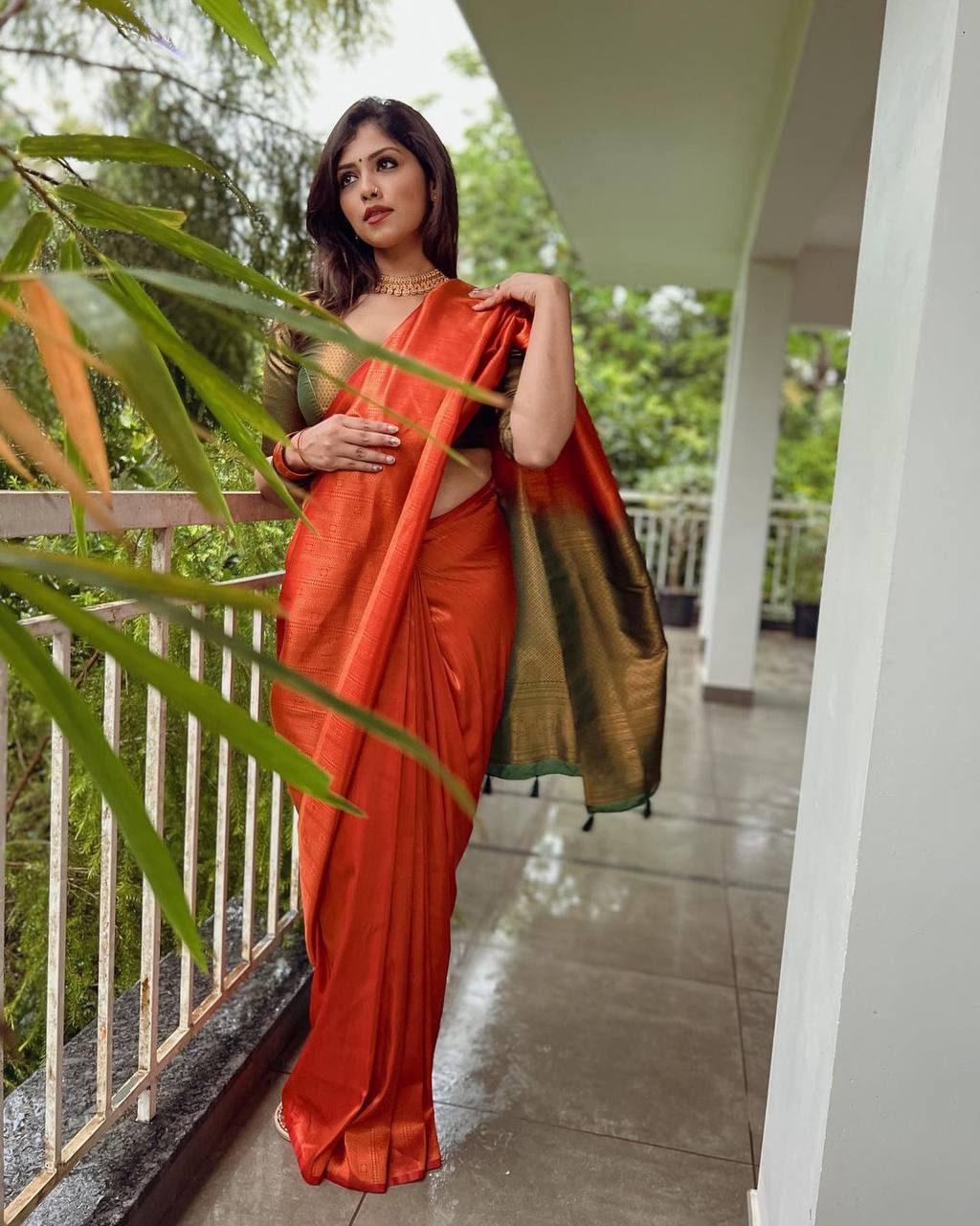Stunning Orange Saree With Dark Green Border And Blouse Banarasi Beautiful Zari Work In Form Of Traditional Motifs Soft Silk Saree