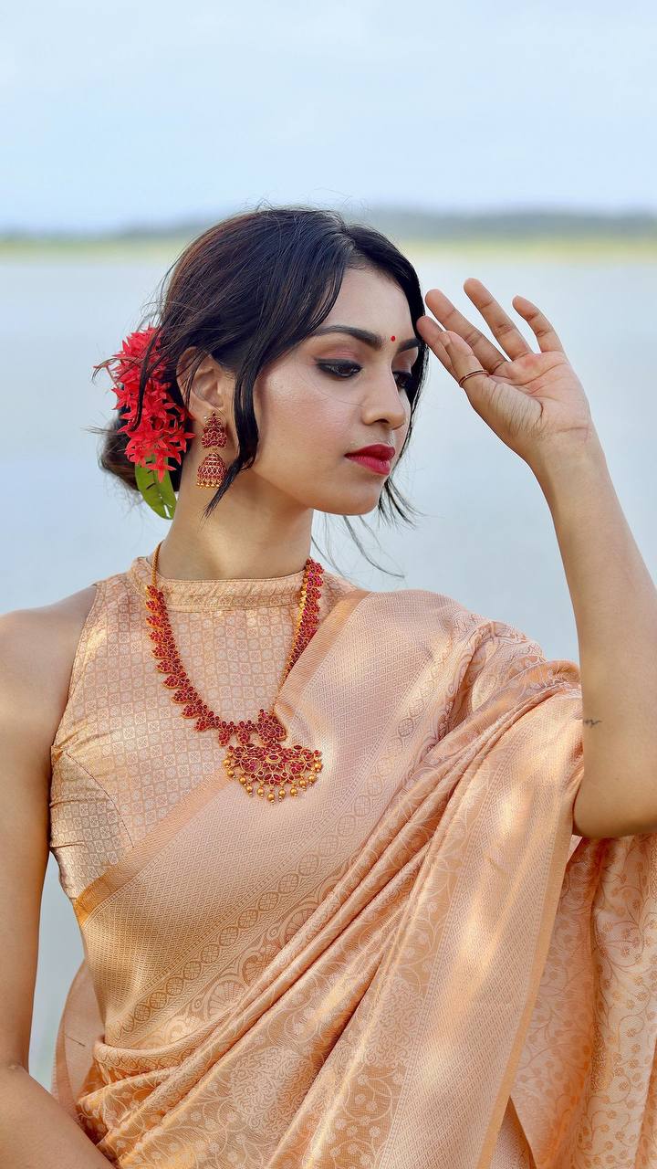 Stunning Light Peach Colour Saree With Heavy Brocade Blouse Banarasi Beautiful Zari Work In Form Of Traditional Motifs Soft Silk Saree