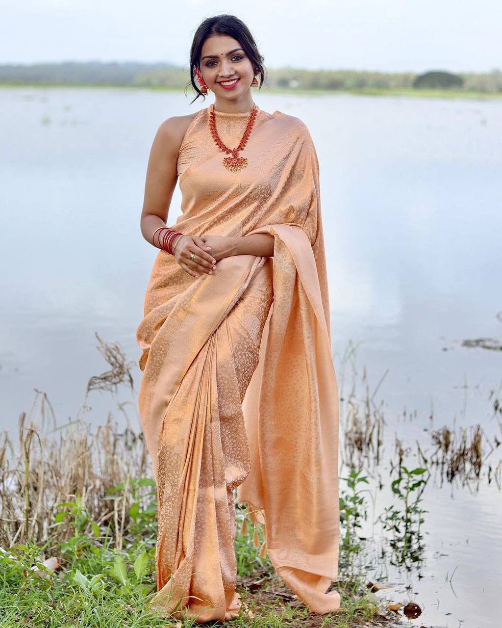 Premium Photo | A woman in a grey and brown saree with a black border and a  white border.