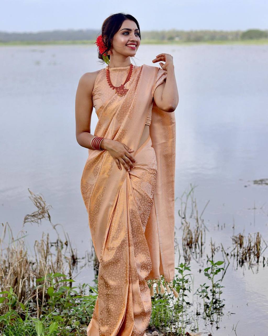 Stunning Light Peach Colour Saree With Heavy Brocade Blouse Banarasi Beautiful Zari Work In Form Of Traditional Motifs Soft Silk Saree