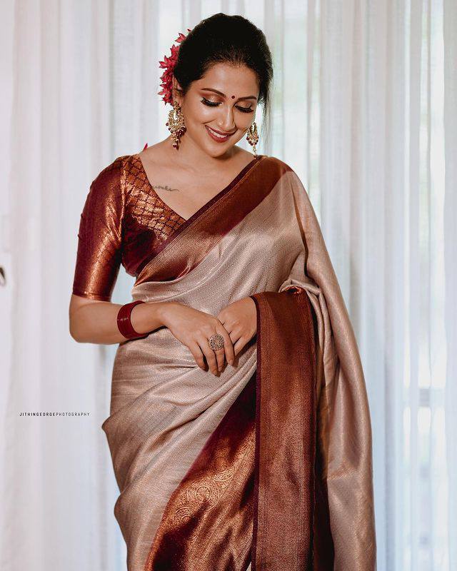 Fancy Grey Color Sequence Thread Work Chinon Saree - Clothsv