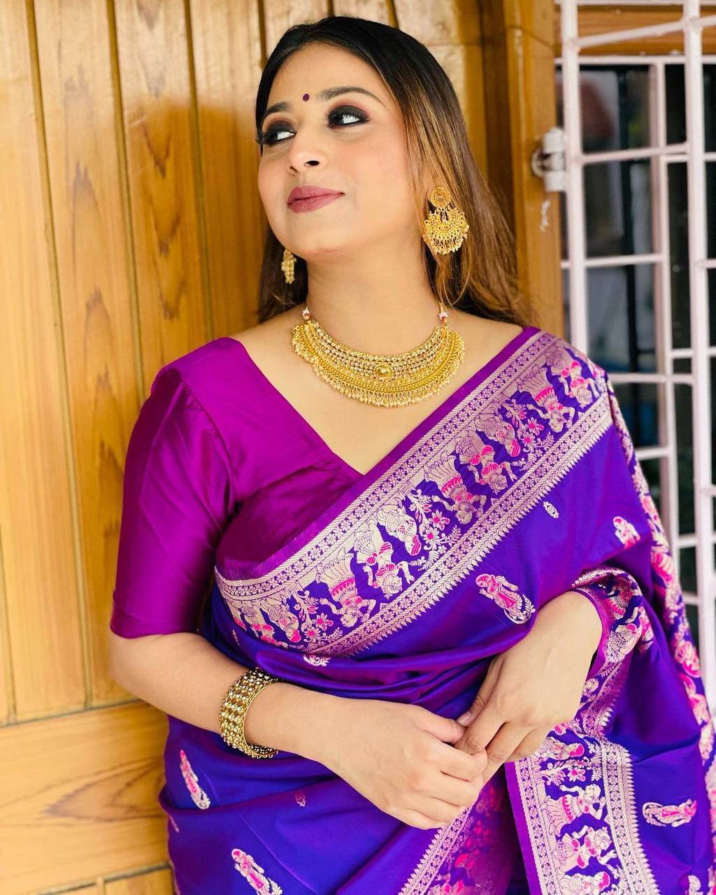 Violet saree with orange blouse | Saree designs, Bridal silk saree, Wedding  silk saree