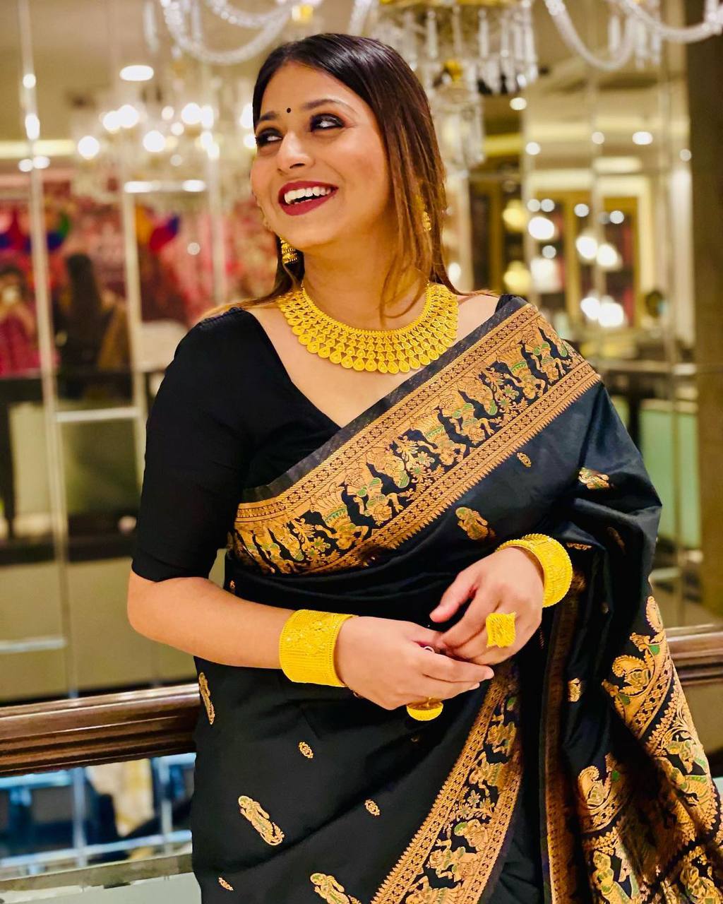Stunning Black Colour Saree With Green Mina Touch Banarasi Beautiful Zari Work In Form Of Traditional Motifs Soft Silk Saree