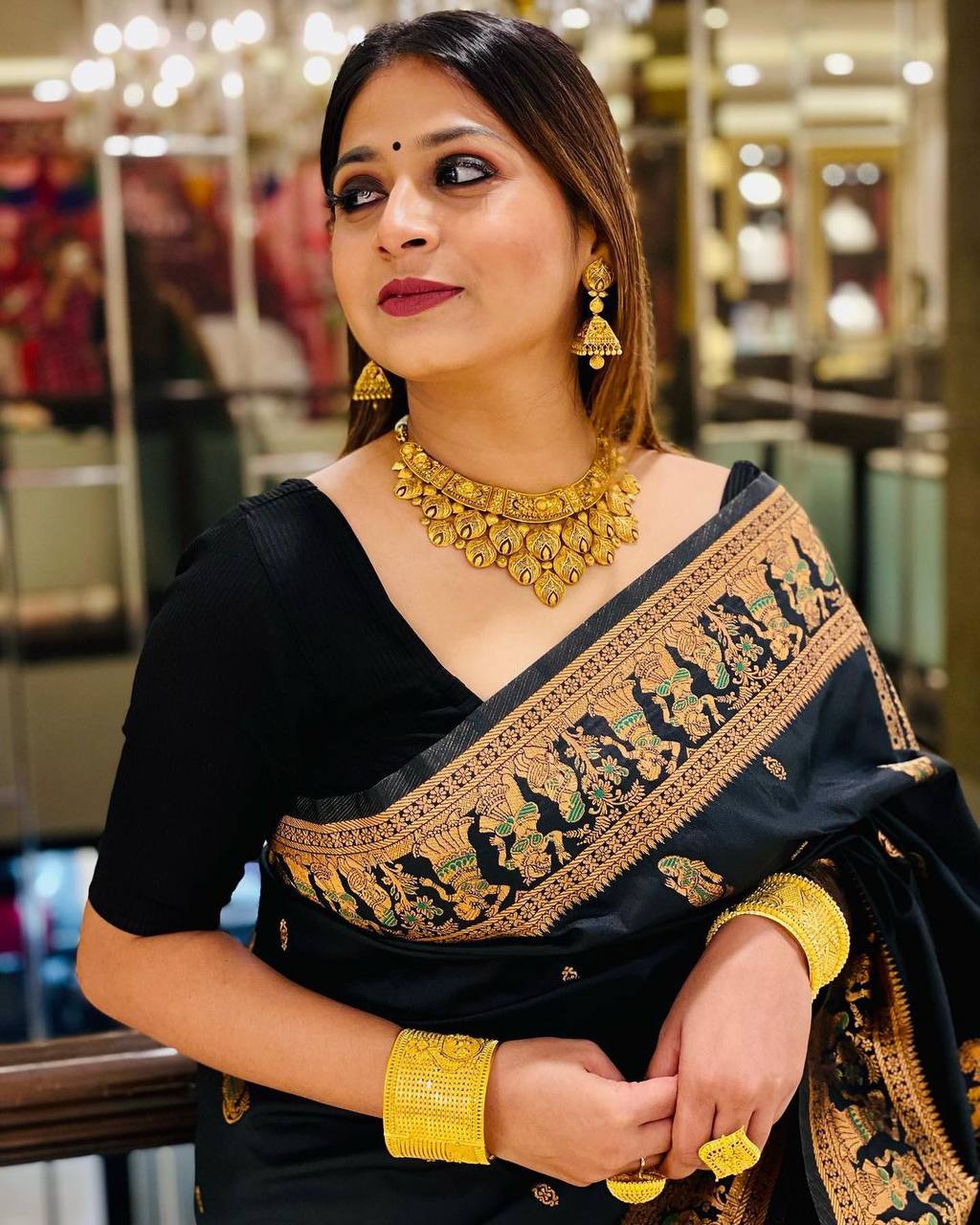 Stunning Black Colour Saree With Heavy Brocade Blouse Banarasi Beautiful  Zari Work In Form Of Traditional Motifs Soft Silk Saree