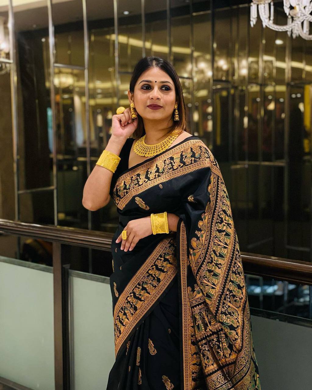 Stunning Black Colour Saree With Green Mina Touch Banarasi Beautiful Zari Work In Form Of Traditional Motifs Soft Silk Saree