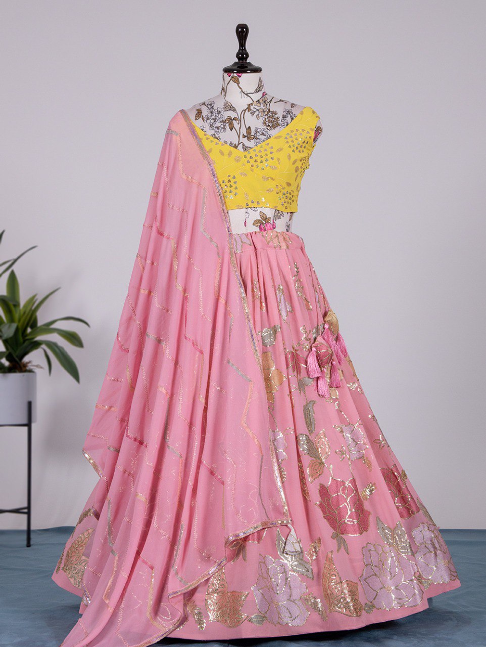 Pink Color Thread And Sequins Embroidered Work Georgette Lehenga Choli