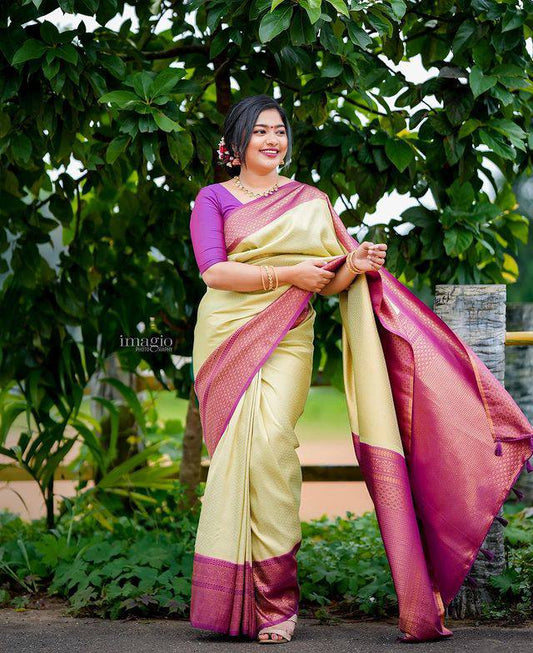 Stunning Sea Green Colour Saree With Purple Border & Heavy Brocade Blouse Banarasi Beautiful Zari Work In Form Of Traditional Motifs Soft Silk Saree
