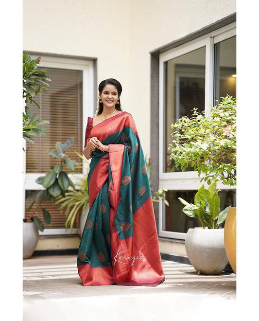 Stunning Rama Colour Saree With Red Border & Heavy Brocade Blouse Banarasi Beautiful Zari Work In Form Of Traditional Motifs Soft Silk Saree