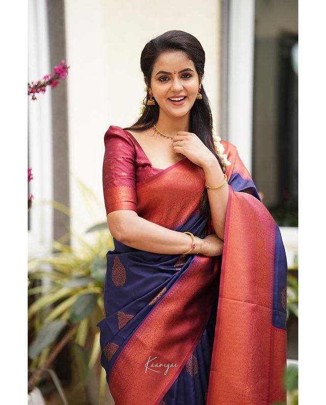 Navy blue silk saree with red border sale