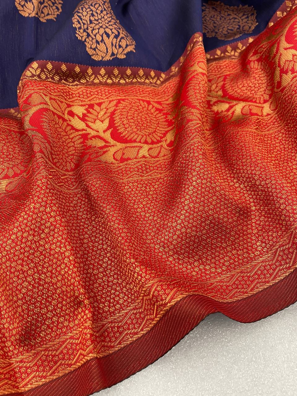 Stunning Navy Blue Colour Saree With Red Border & Heavy Brocade Blouse Banarasi Beautiful Zari Work In Form Of Traditional Motifs Soft Silk Saree