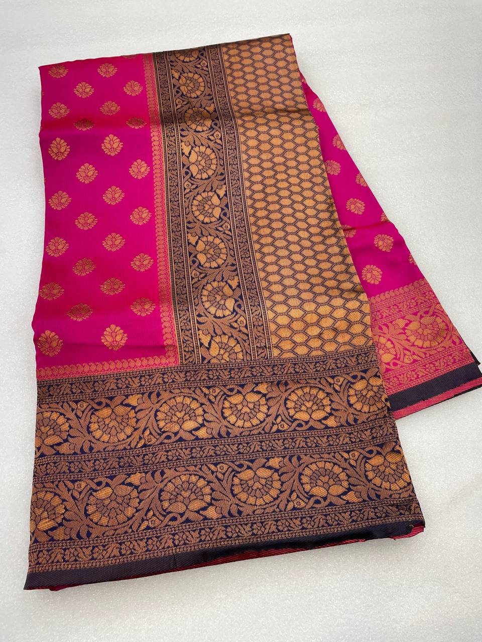 Stunning Pink Colour Saree With Navy Blue Border & Heavy Brocade Blouse Banarasi Beautiful Zari Work In Form Of Traditional Motifs Soft Silk Saree
