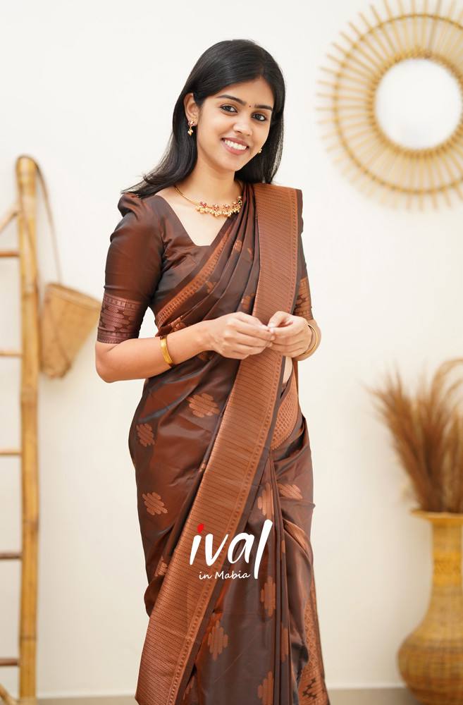 Dark Brown Cotton Silk Embellished Saree Set Design by AURUL at Pernia's  Pop Up Shop 2024