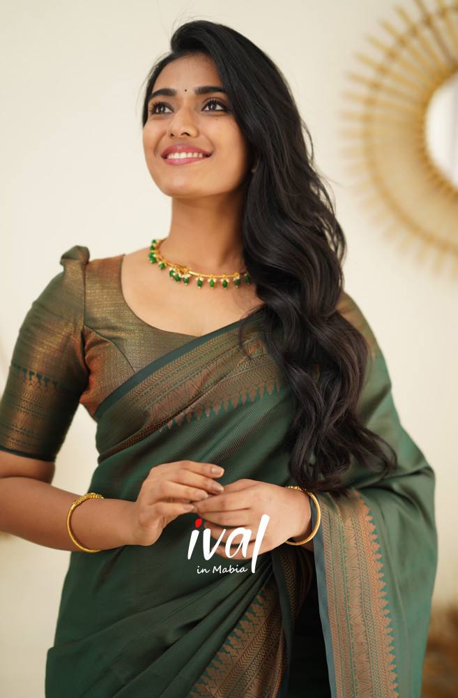 Stunning Navy Green Colour Saree With Heavy Brocade Blouse Banarasi Beautiful Zari Work In Form Of Traditional Motifs Soft Silk Saree