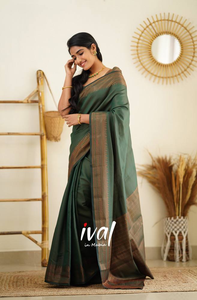 Stunning Navy Green Colour Saree With Heavy Brocade Blouse Banarasi Beautiful Zari Work In Form Of Traditional Motifs Soft Silk Saree