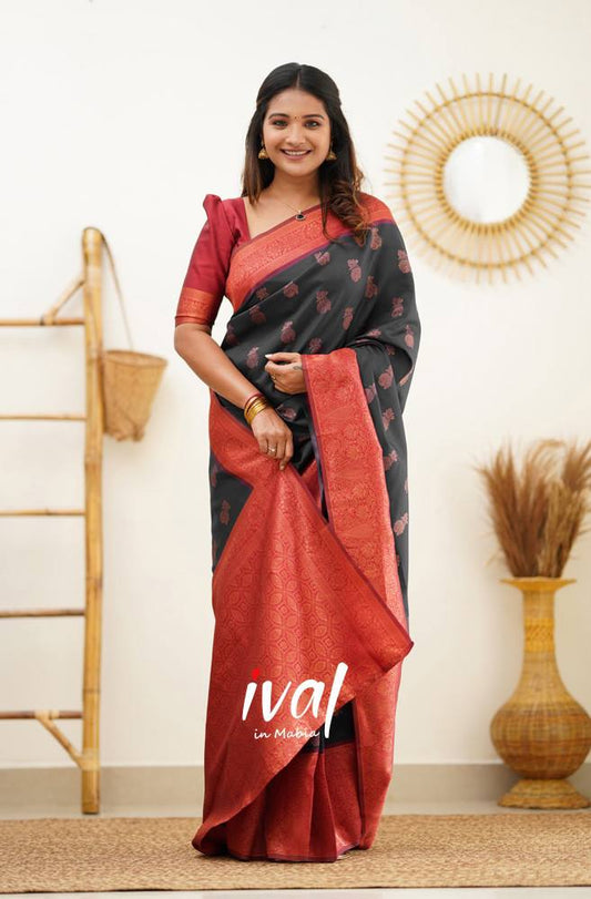 Black Colour Saree With Red Border & Heavy Brocade Blouse Banarasi Beautiful Zari Work In Form Of Traditional Motifs Soft Silk Saree