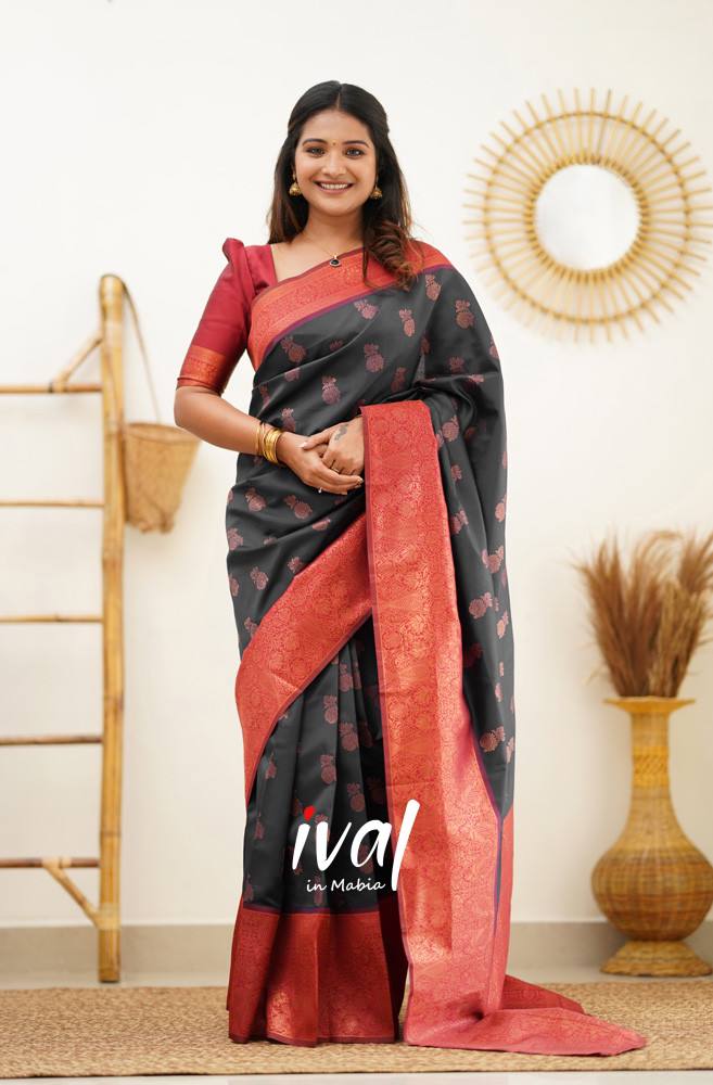 red saree with black floral border. | Indian dresses, Stylish sarees,  Trendy sarees