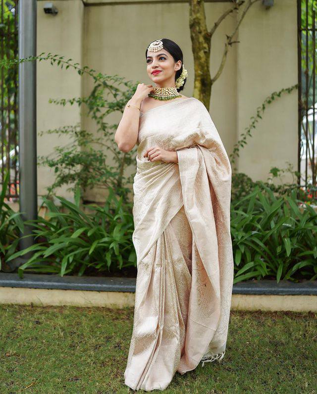 Stunning Silver Colour Saree With Heavy Brocade Blouse Banarasi Beautiful Zari Work In Form Of Traditional Motifs Soft Silk Saree