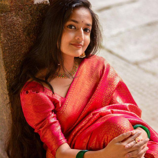 Stunning Light Gajari Colour Saree With Heavy Brocade Blouse Banarasi Beautiful Zari Work In Form Of Traditional Motifs Soft Silk Saree