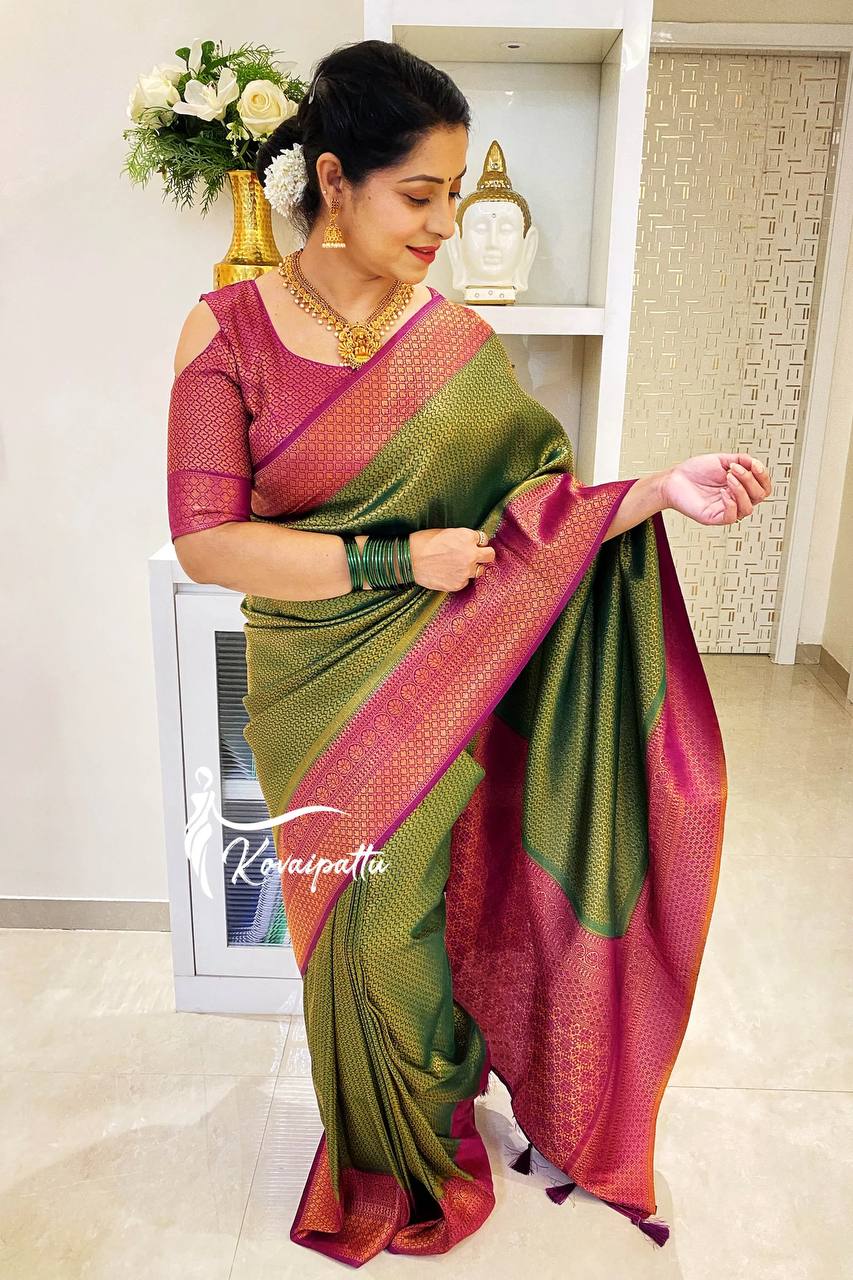 Stunning Green Colour Saree With Purple Border & Heavy Brocade Blouse Banarasi Beautiful Zari Work In Form Of Traditional Motifs Soft Silk Saree