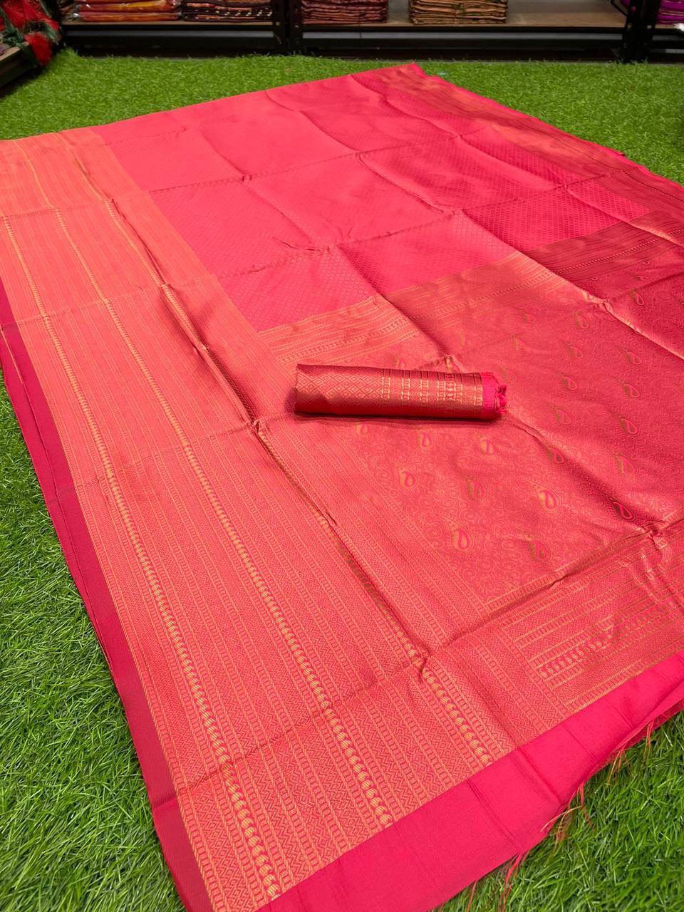 Royal Red Color Saree With Copper Zari Weaving Banarasi Beautiful Zari Work In Form Of Traditional Motifs Soft Silk Saree