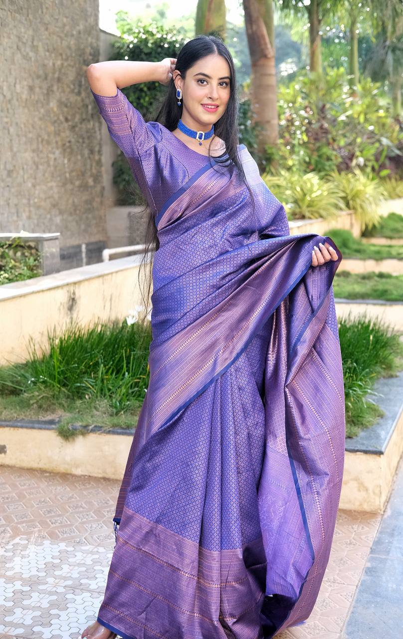 Royal Blue Color Saree With Copper Zari Weaving Banarasi Beautiful Zari Work In Form Of Traditional Motifs Soft Silk Saree