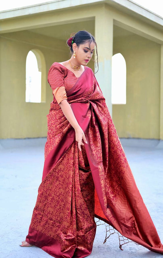 Stunning Maroon Colour Saree With Heavy Brocade Blouse Banarasi Beautiful Zari Work In Form Of Traditional Motifs Soft Silk Saree