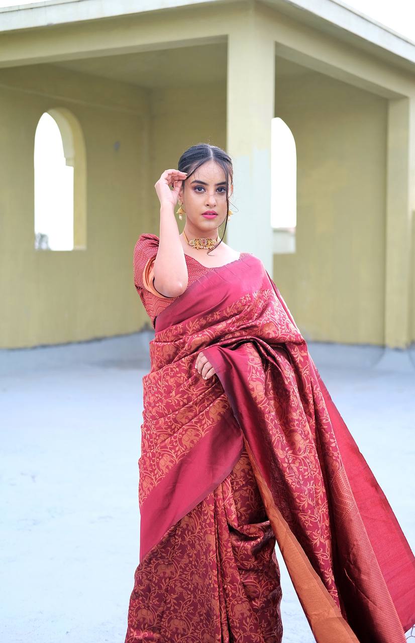 Stunning Maroon Colour Saree With Heavy Brocade Blouse Banarasi Beautiful Zari Work In Form Of Traditional Motifs Soft Silk Saree