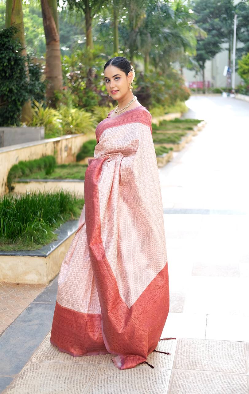 Buy Cream Red Silk Traditional Wear Weaving Saree Online From Wholesale  Salwar.