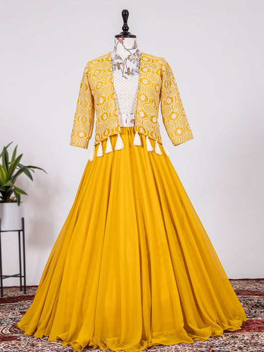 Mustered Color Sequins Embroidery Georgette Lehenga Choli With Jacket