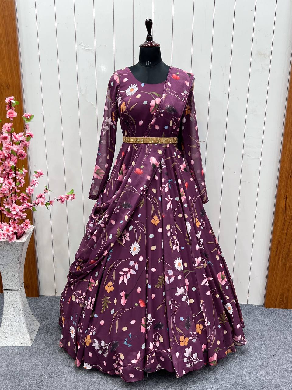 Purple New Pure Fox Georgette Floral Print Gown