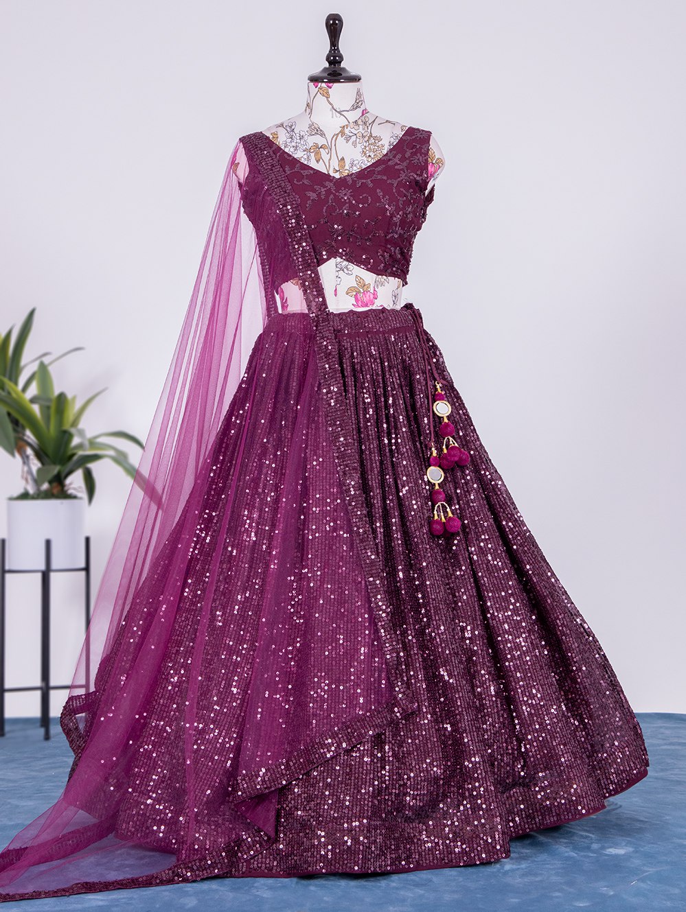Wine Color Sequins and Thread Embroidery Work Georgette Lehenga