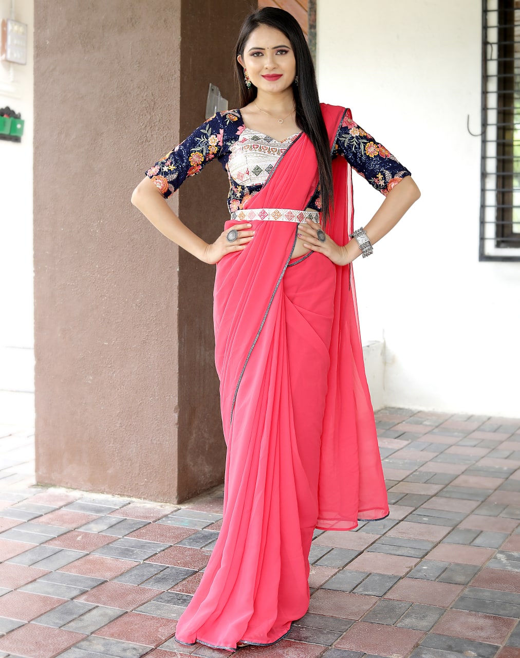 Peach & Blue Ombre Saree (Blouse Not Included) -