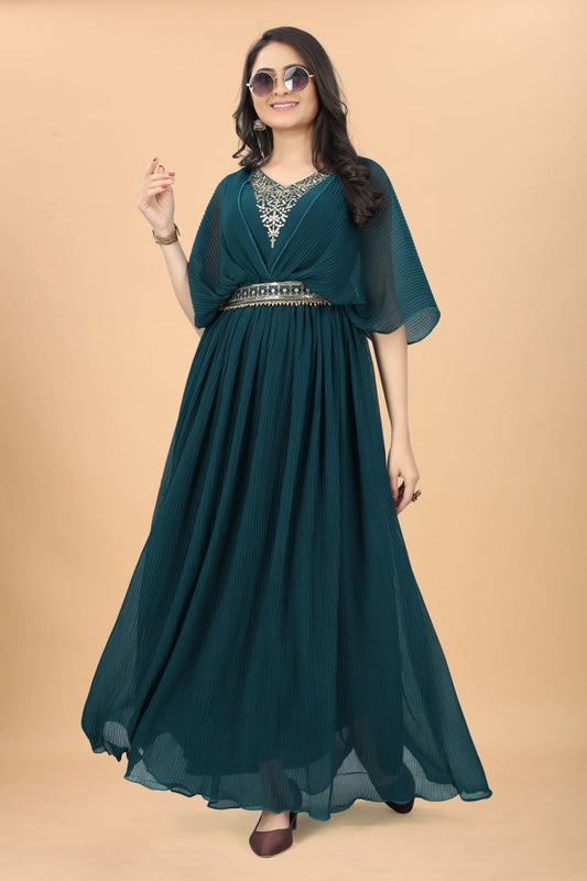 New Rama Colour Strappy Pleated Flared Gown