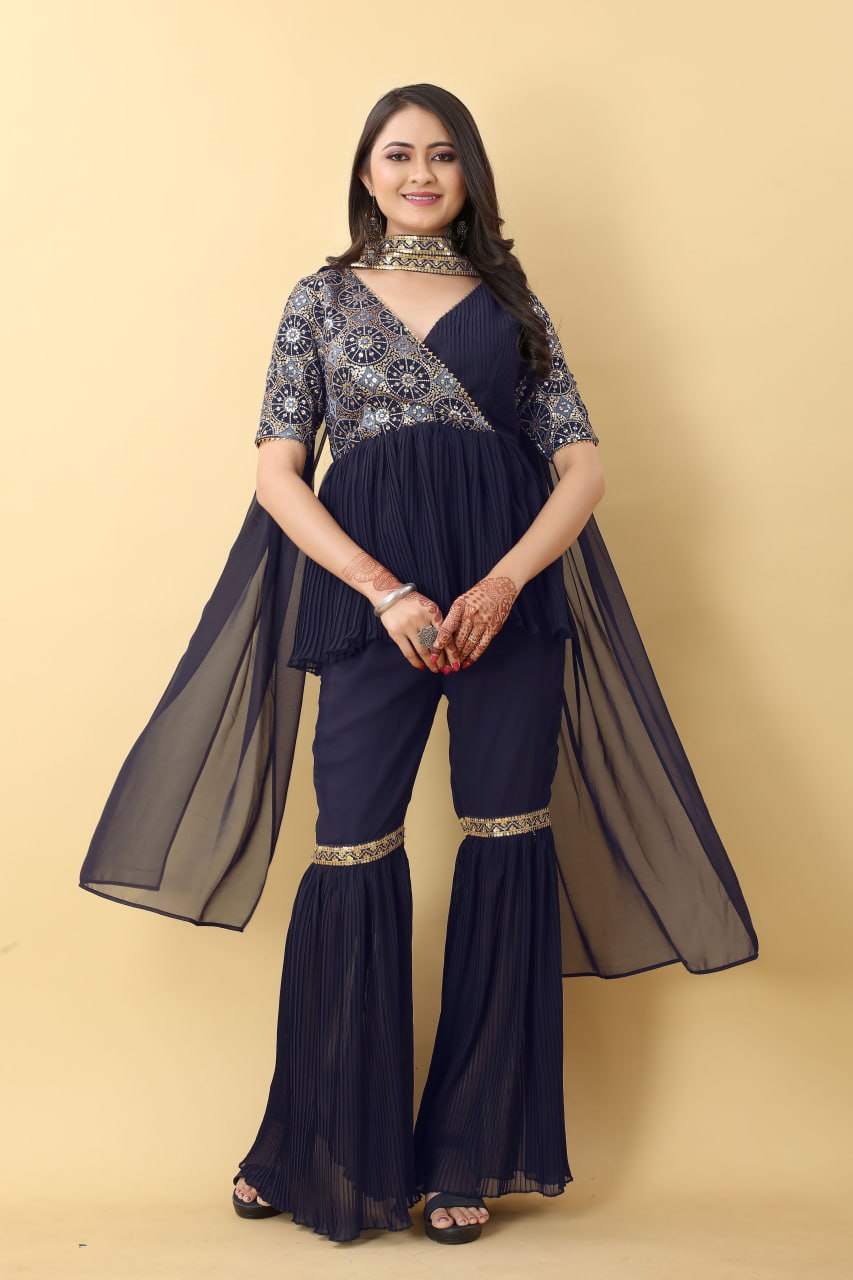 Function Wear Navy Blue Color Work With Pleated Sharara Set