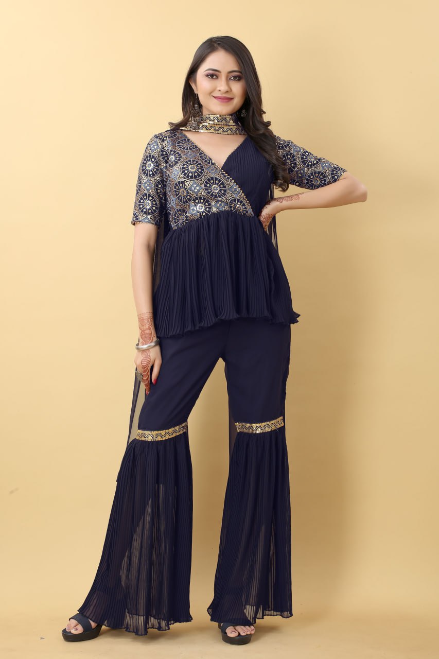 Function Wear Navy Blue Color Work With Pleated Sharara Set