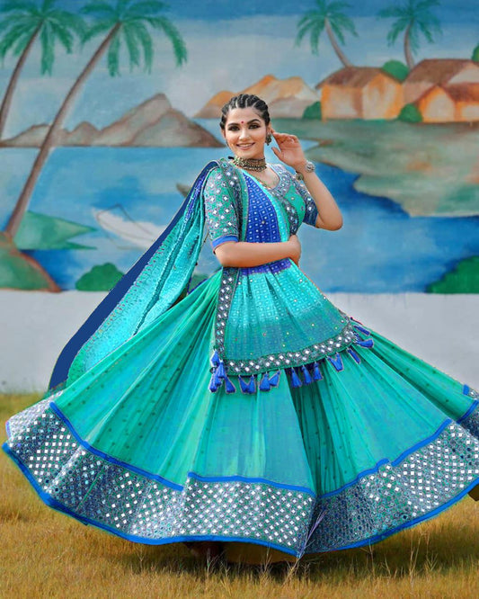 Navratri Sky Blue Colour Digital Printed Work Lahenga Choli With Dupatta