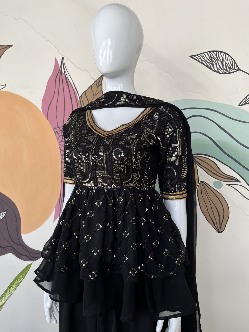 Black Forest Georgette Heavy Embroidery Thread Farari Sharara Set