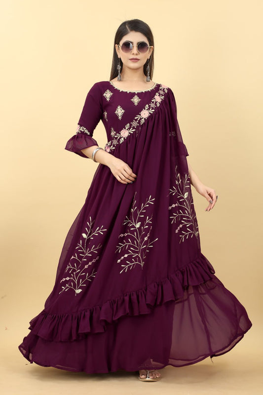 Designer Wine Colour Georgette 3 Style Gown FullyStitch