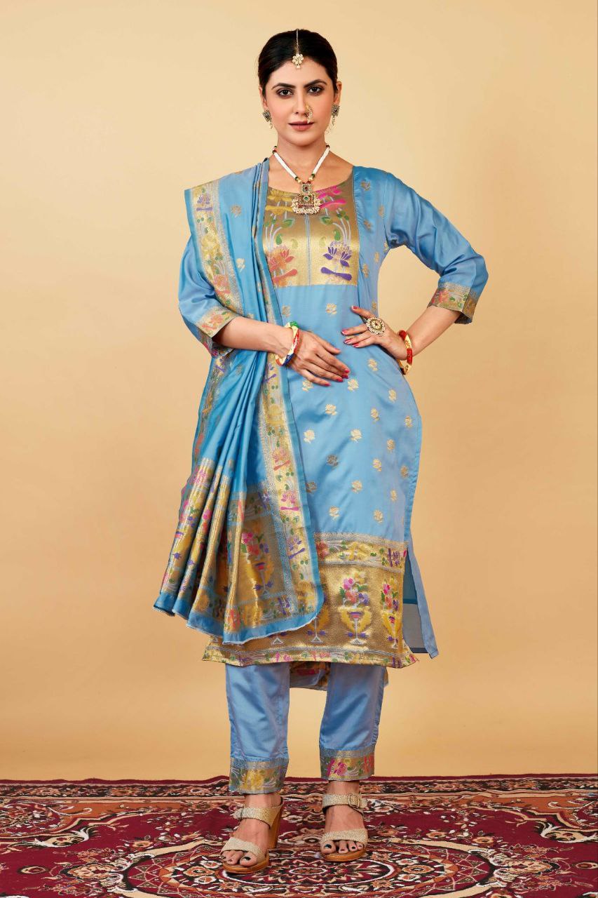 Sky Blue Weaving Soft Silk Long Length Paithani Suit
