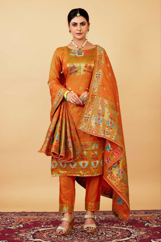 Mustard Weaving Soft Silk Long Length Paithani Suit