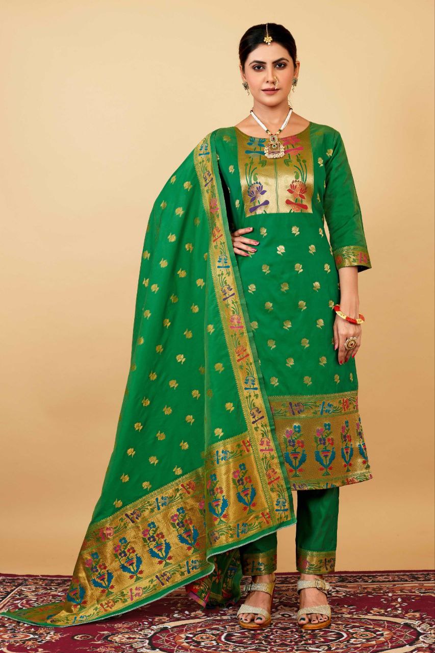 Dark Green Weaving Soft Silk Long Length Paithani Suit
