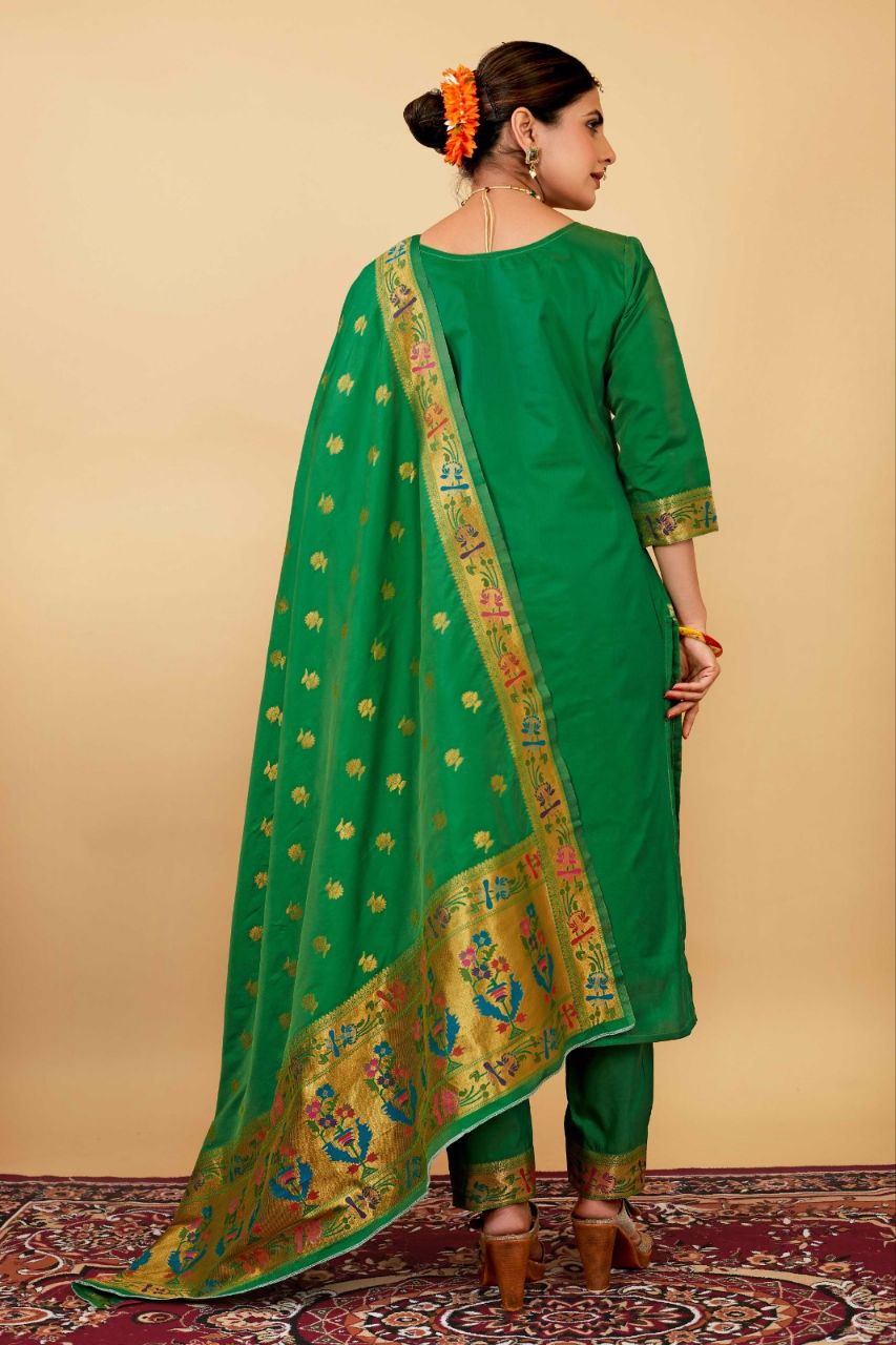 Dark Green Weaving Soft Silk Long Length Paithani Suit