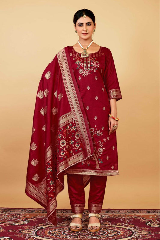 Maroon Weaving Soft Dola Silk Long Length Paithani Suit