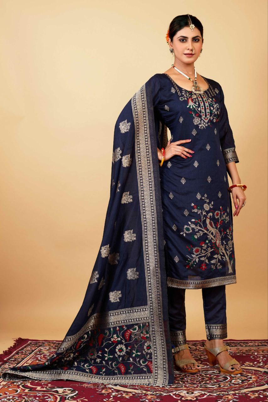 Neavy Blue Weaving Soft Dola Silk Long Length Paithani Suit