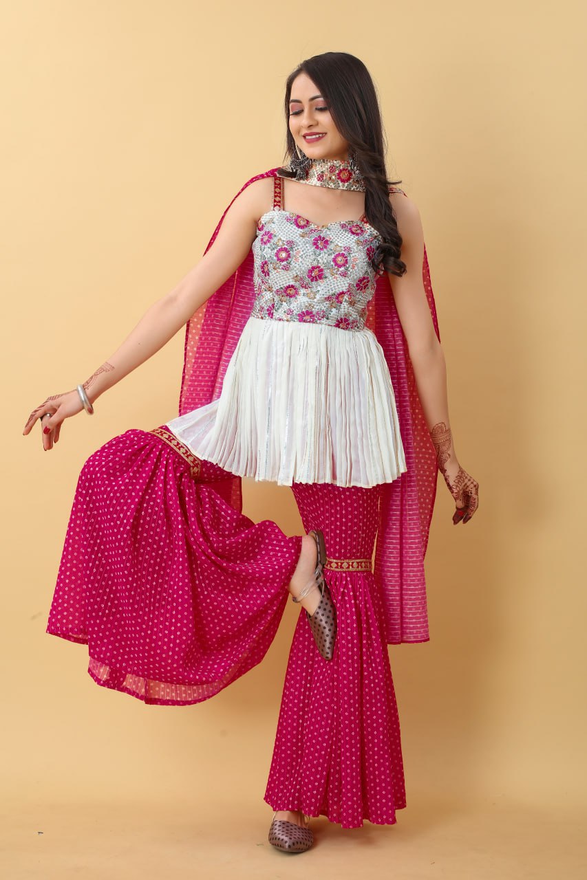 Raja Rani Georgette Heavy Embroidery Thread Zari Sequence Work Sharara Set