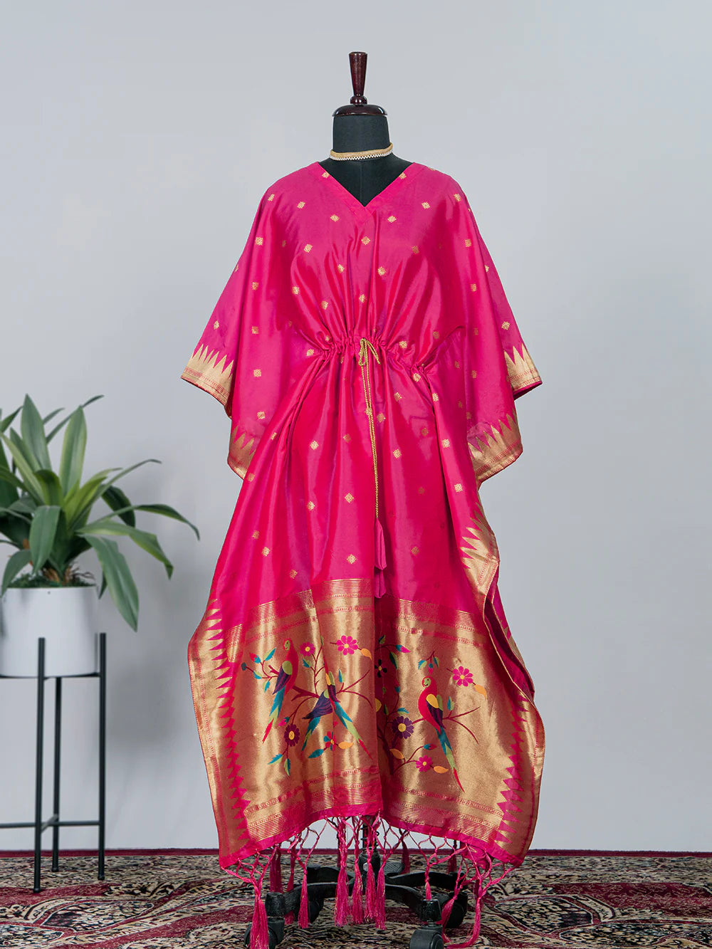 Pink Color Weaving Zari Work Jacquard Paithani Kaftan Dress